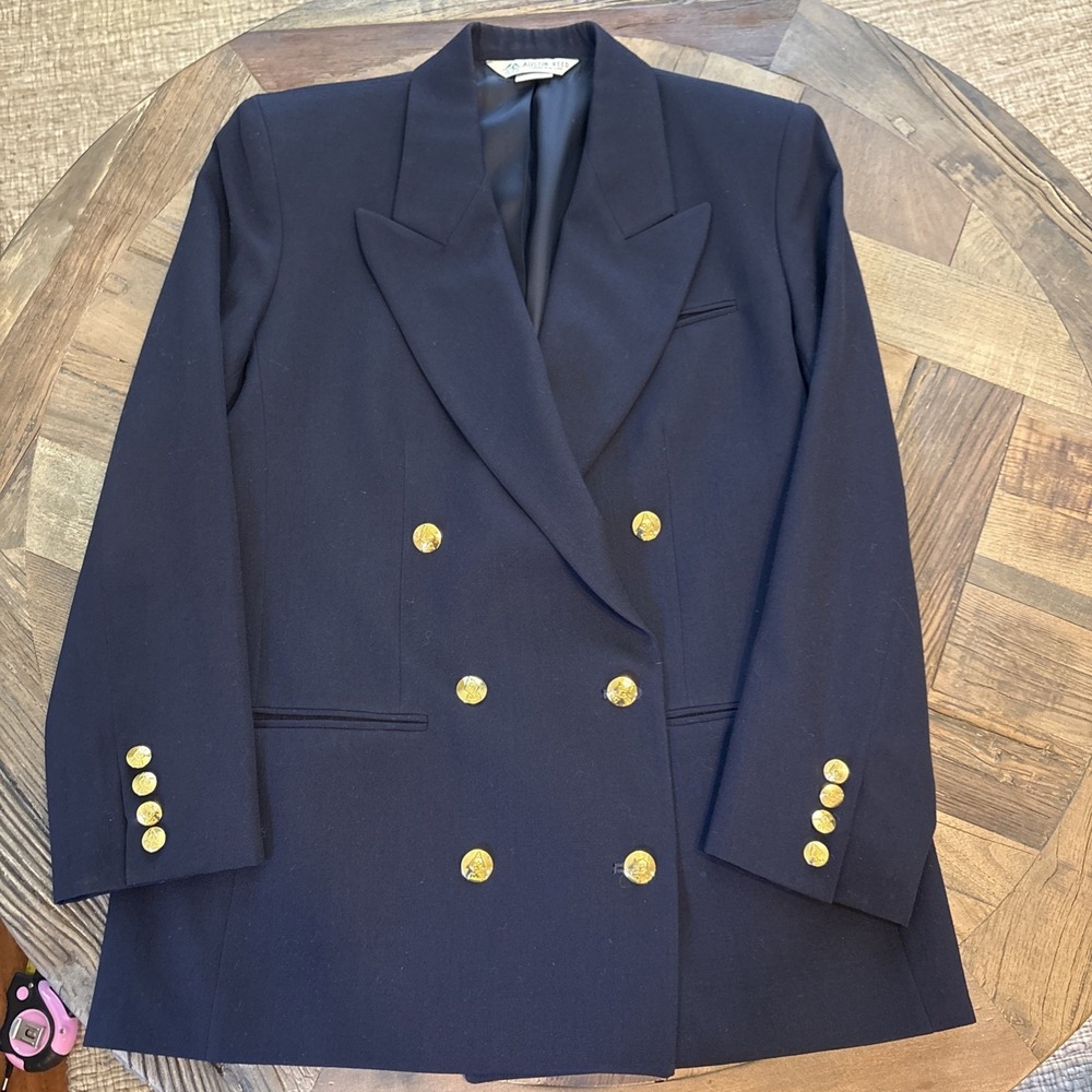 AUSTIN REED Women's Navy Double-Breasted Worsted Wool Blazer Gold Buttons Jacket